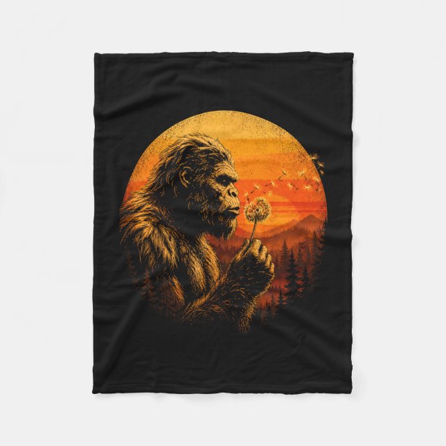 Bigfoot blowing dandelion retro sunset forest fleece blanket (Front)
