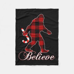 Bigfoot Buffalo Plaid Believe Candy Cane Christmas Fleece Blanket