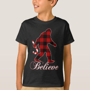 Bigfoot Buffalo Plaid Believe Candy Cane Christmas T-Shirt