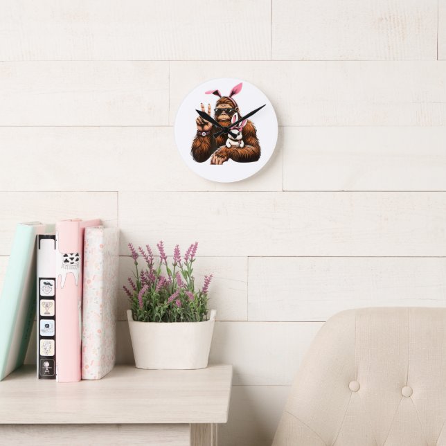 Bigfoot Bunny Funny Easter Day Sasquatch Round Clock (Reading Room)