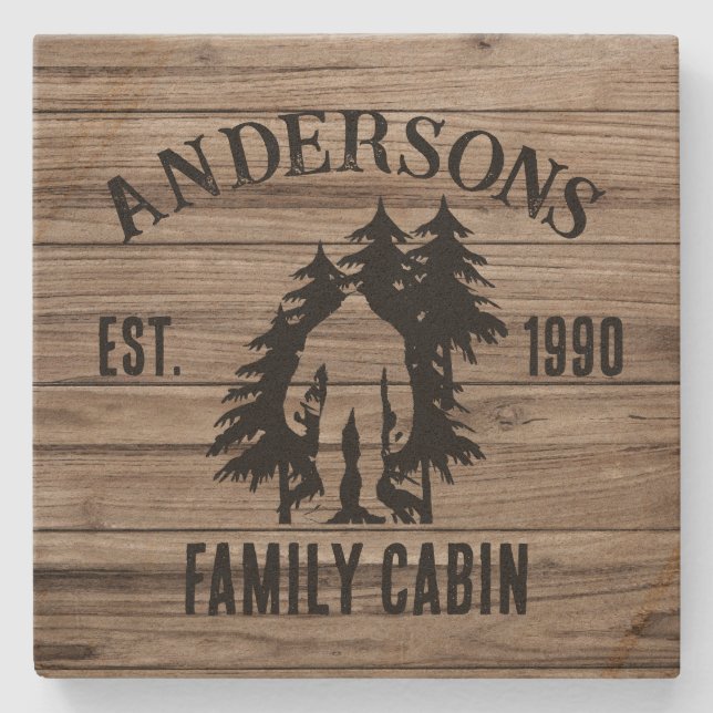 Bigfoot Cabin Rustic Wood Family Custom Name  Stone Coaster (Front)
