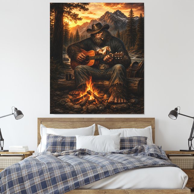 Bigfoot Campfire Guitar Player Canvas Print (Insitu(Bedroom))