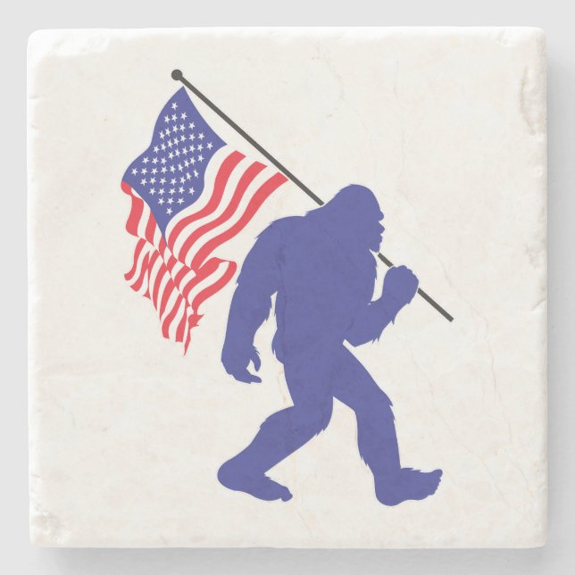 Bigfoot carrying an American Flag Stone Coaster (Front)