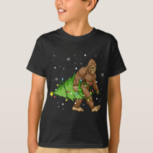 Bigfoot Carrying Christmas Tree Lights Sasquatch S T-Shirt