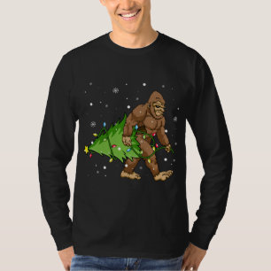 Bigfoot Carrying Christmas Tree Lights Sasquatch S T-Shirt