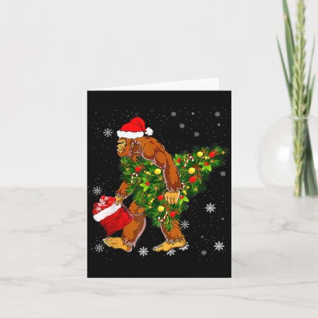 Bigfoot Carrying Christmas Tree Sasquatch Believer Card (Front)