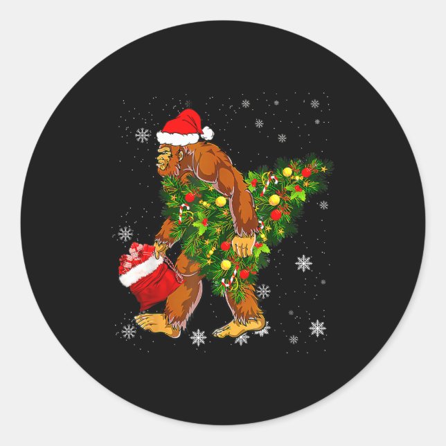 Bigfoot Carrying Christmas Tree Sasquatch Believer Classic Round Sticker (Front)