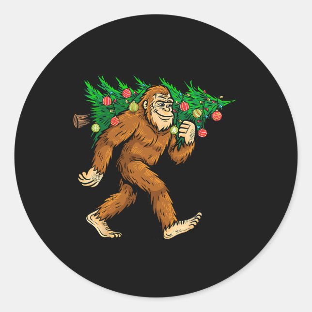 Bigfoot Carrying Christmas Tree Sasquatch Believer Classic Round Sticker (Front)