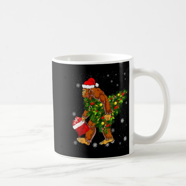 Bigfoot Carrying Christmas Tree Sasquatch Believer Coffee Mug (Right)