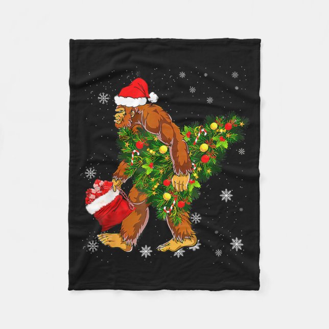 Bigfoot Carrying Christmas Tree Sasquatch Believer Fleece Blanket (Front)