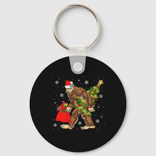 Bigfoot Carrying Christmas Tree Sasquatch Believer Key Ring (Front)
