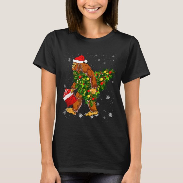 Bigfoot Carrying Christmas Tree Sasquatch Believer T-Shirt (Front)