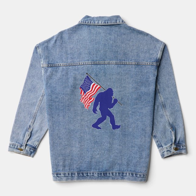 Bigfoot Carrying the American flag Denim Jacket (Back)