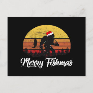 Bigfoot Christmas Santa Hat Merry Fishmas Vintage Postcard