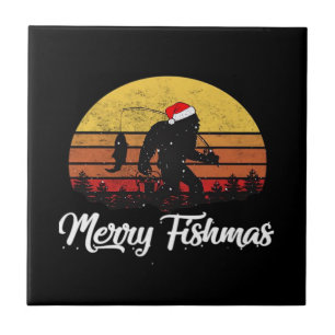 Bigfoot Christmas Santa Hat Merry Fishmas Vintage Tile