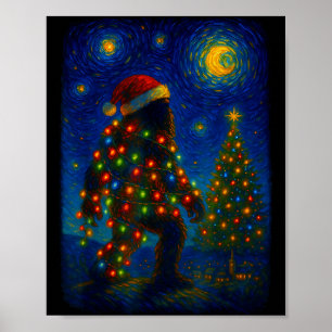 Bigfoot Christmas Sasquatch Santa Hat Starry Night Poster