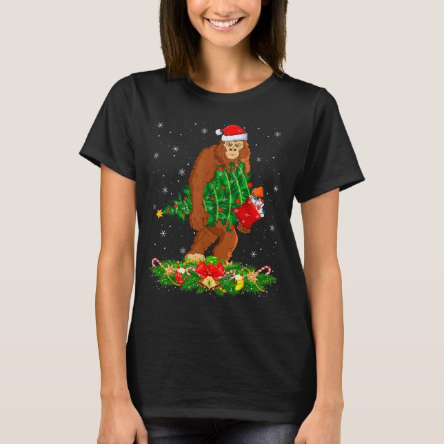 Bigfoot Christmas Tree Lights Santa Hat Funny Sasq T-Shirt (Front)