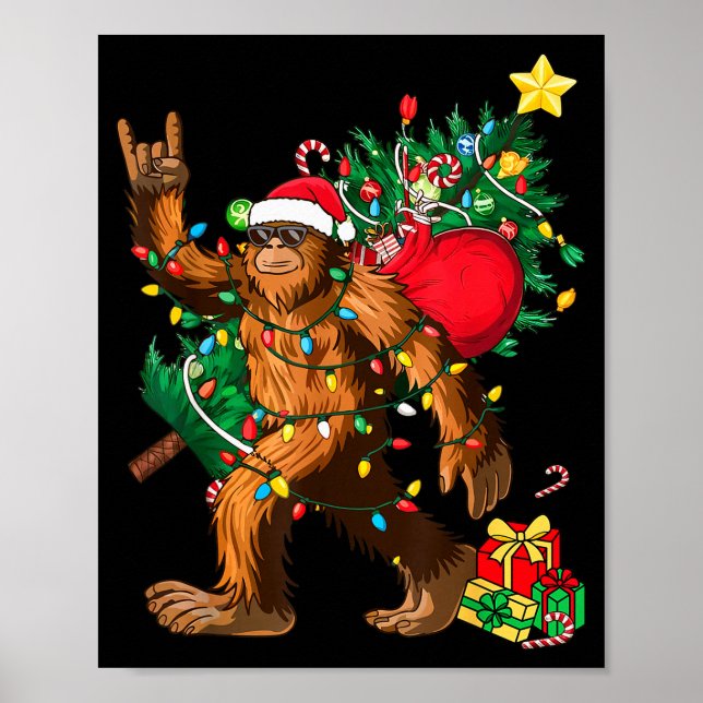 Bigfoot Christmas Tree Lights Xmas Boys Men Sasqua Poster (Front)