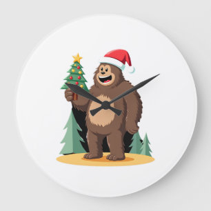 Bigfoot Christmas Tree Santa Hat (1) Large Clock