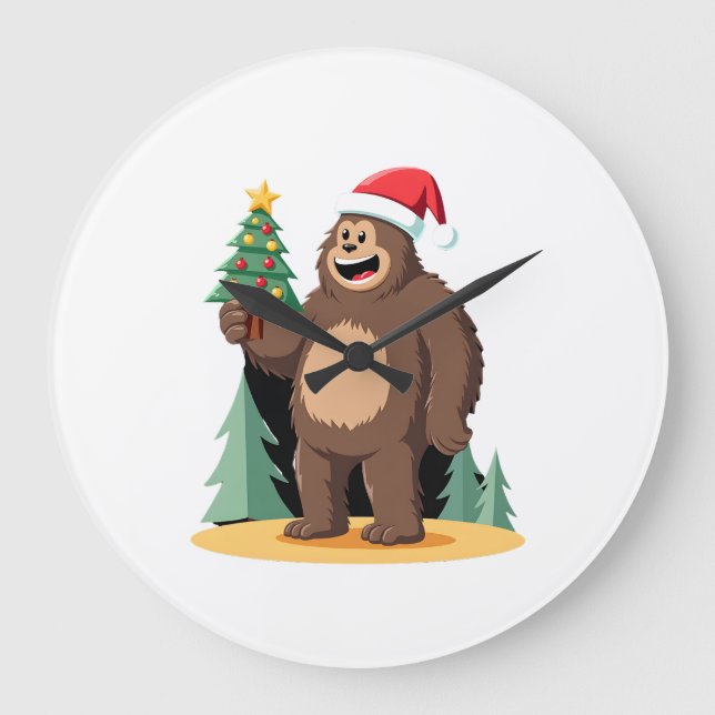 Bigfoot Christmas Tree Santa Hat (1) Large Clock (Front)