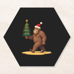 Bigfoot Christmas Tree Santa Hat (1) Paper Coaster