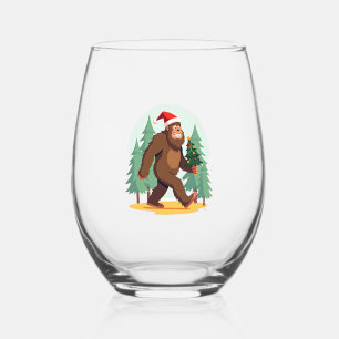 Bigfoot Christmas Tree Santa Hat (1) Stemless Wine Glass