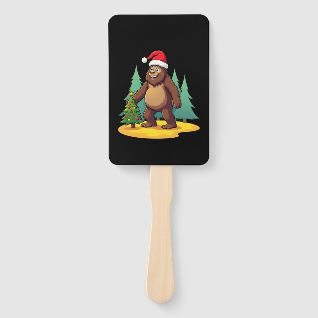 Bigfoot Christmas Tree Santa Hat (2) Hand Fan (Front)