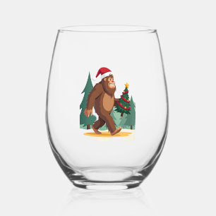 Bigfoot Christmas Tree Santa Hat (2) Stemless Wine Glass