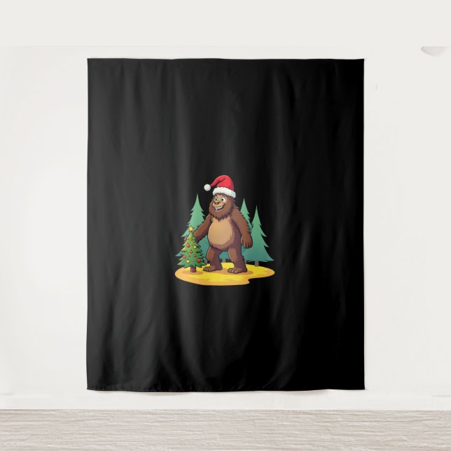 Bigfoot Christmas Tree Santa Hat (2) Tapestry (Front)
