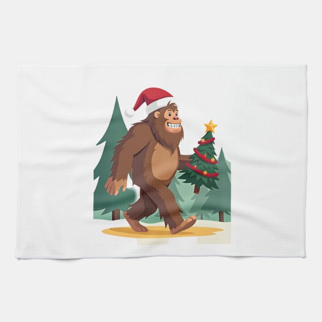 Bigfoot Christmas Tree Santa Hat (2) Tea Towel (Horizontal)