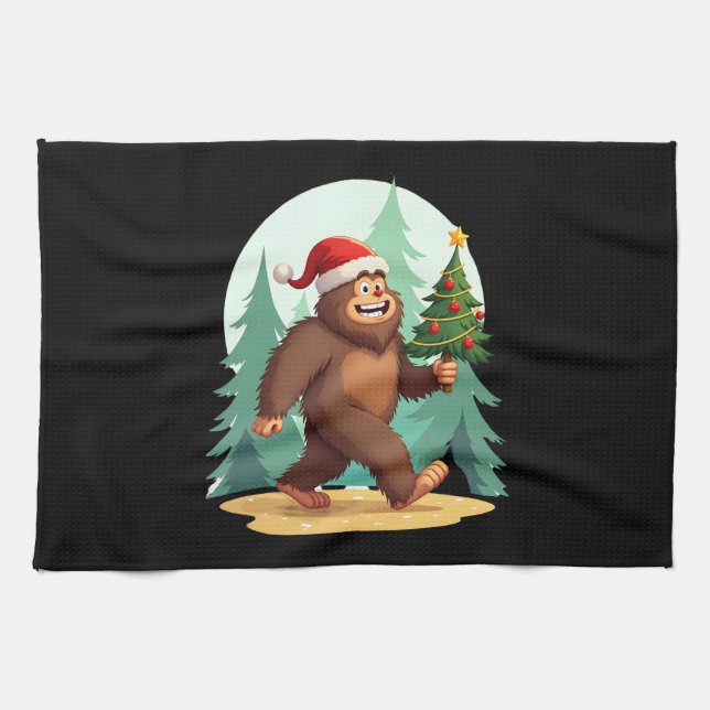 Bigfoot Christmas Tree Santa Hat (2) Tea Towel (Horizontal)