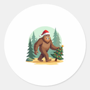 Bigfoot Christmas Tree Santa Hat (3) Classic Round Sticker