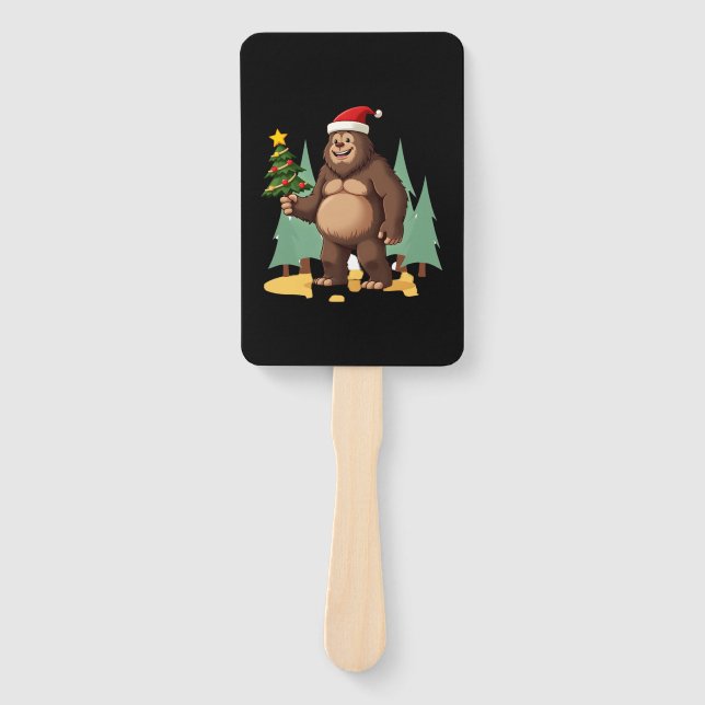 Bigfoot Christmas Tree Santa Hat (3) Hand Fan (Front)