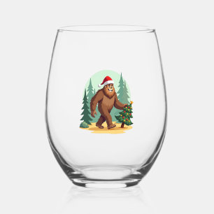 Bigfoot Christmas Tree Santa Hat (3) Stemless Wine Glass