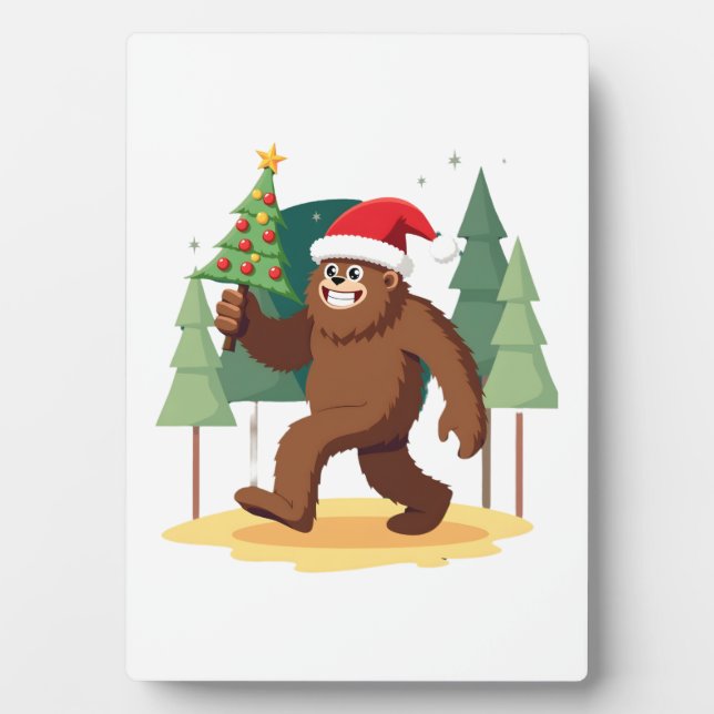 Bigfoot Christmas Tree Santa Hat (4) Plaque (Front)