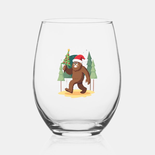 Bigfoot Christmas Tree Santa Hat (4) Stemless Wine Glass (Front)