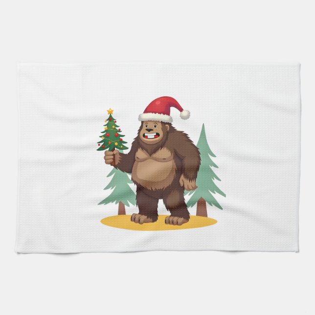 Bigfoot Christmas Tree Santa Hat (4) Tea Towel (Horizontal)