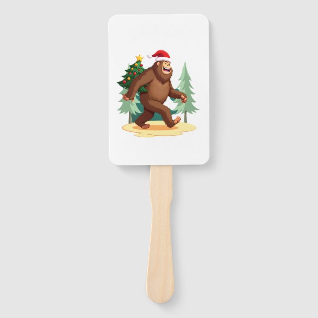 Bigfoot Christmas Tree Santa Hat (5) Hand Fan (Front)