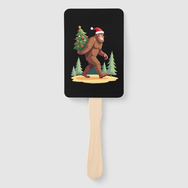 Bigfoot Christmas Tree Santa Hat Hand Fan (Front)