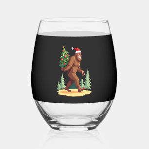 Bigfoot Christmas Tree Santa Hat Stemless Wine Glass