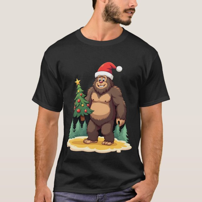 Bigfoot Christmas Tree Santa Hat T-Shirt (Front)