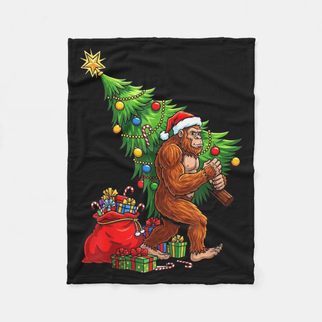 Bigfoot Christmas Tree Xmas Lights Funny Sasquatch Fleece Blanket (Front)