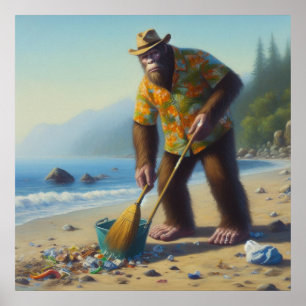 Bigfoot Cleaning the Beach Poster