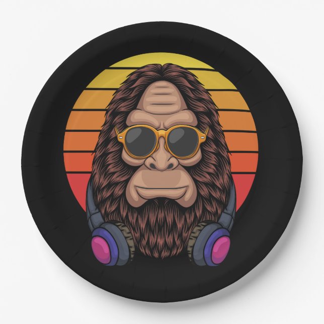 bigfoot cool wearing a eyeglasses and headphone paper plate (Front)