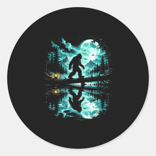 Bigfoot crossing reflection forest trees outdoor classic round sticker (Front)