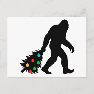 Bigfoot Dragging Christmas Tree Holiday Postcard