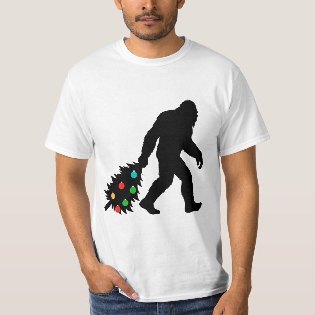 Bigfoot Dragging Christmas Tree T-Shirt (Front)
