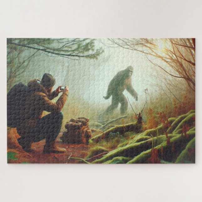 Bigfoot Encounter with hikers, Forested Backdrop Jigsaw Puzzle (Horizontal)