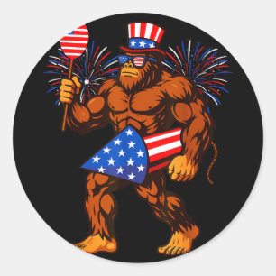 Bigfoot firework american flag bigfoot 4th of july classic round sticker