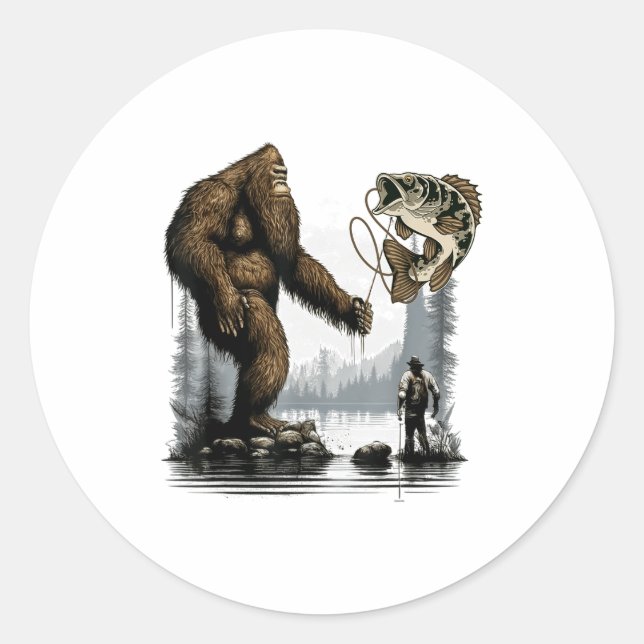 Bigfoot Fishing Funny Sasquatch Fi-shirt  Classic Round Sticker (Front)